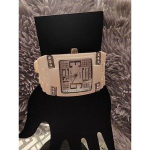 Retro ASHLEY Lg Frame Watch White Rubber Silicone Band & Pave CRYSTAL Detailing